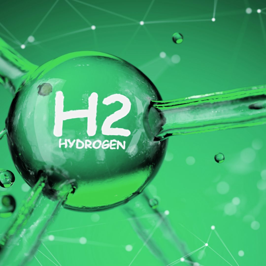 A glass-like hydrogen molecule is superimposed over a green background.