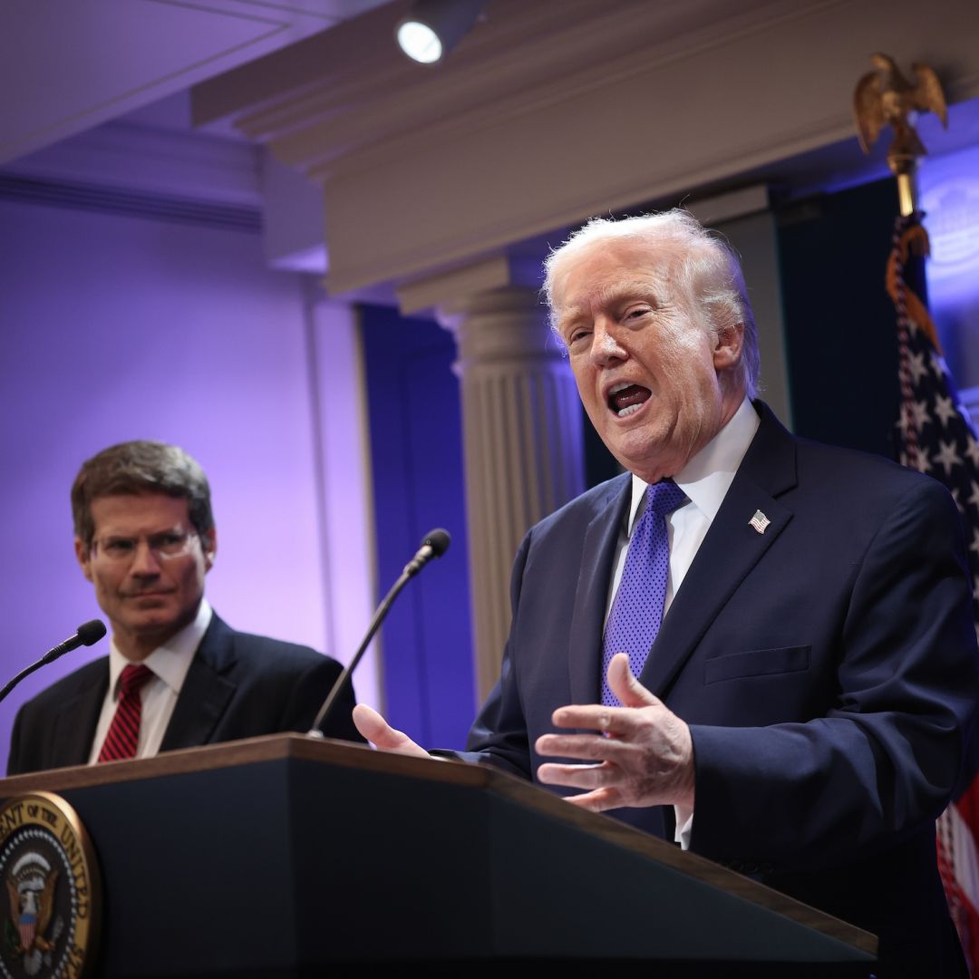 U.S. President Donald Trump speaks during a press briefing at the White House on Feb. 20, 2026, after the U.S. Supreme Court ruled against Trump's use of emergency powers to implement international trade tariffs.