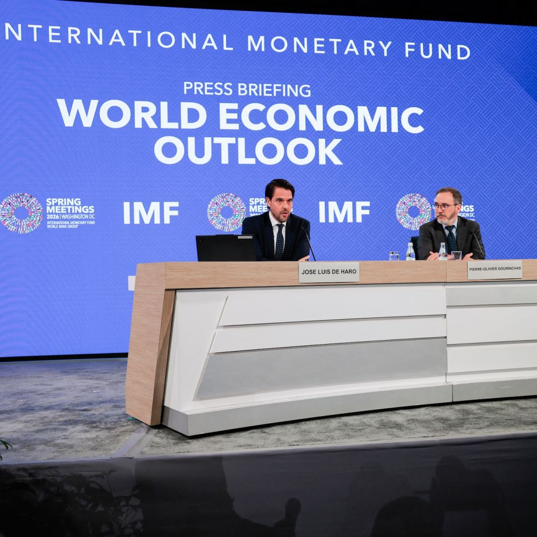 IMF officials participate in an economic outlook briefing in Washington, D.C., on April 14, 2026. IMF officials participate in an economic outlook briefing in Washington, D.C., on April 14, 2026.