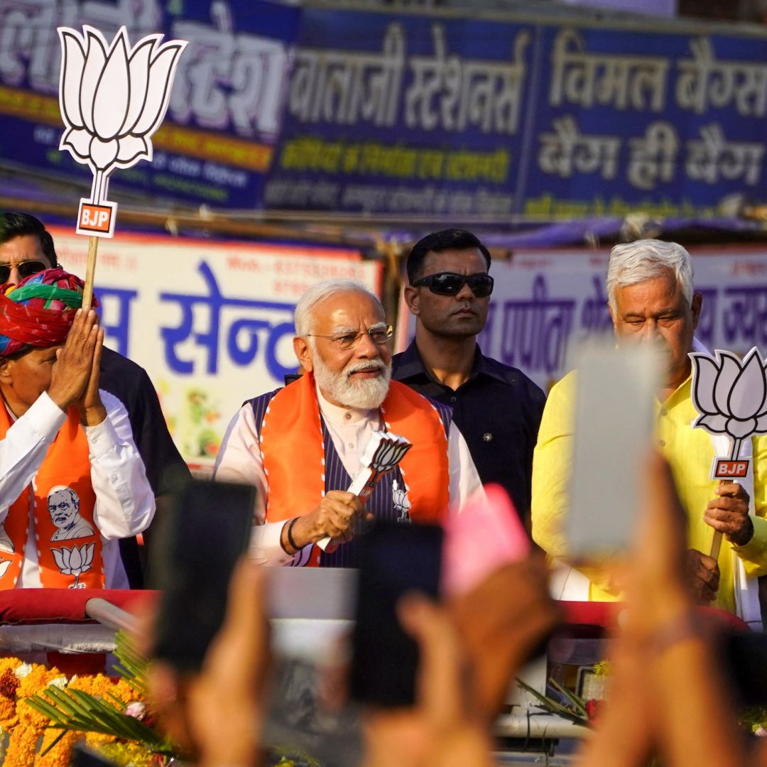 Indian Prime Minister Narendra Modi (C) April 12 in Dausa, India.