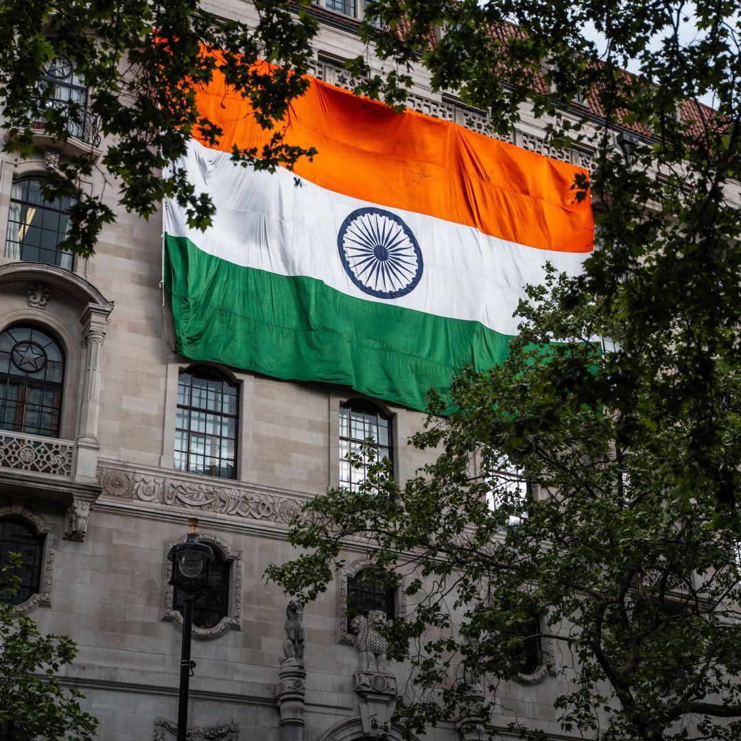 A giant Indian flag is displayed from the country's embassy in London on May 7, 2025.