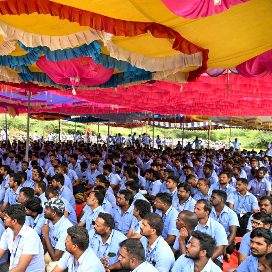 Workers at the Samsung plant in Sriperumbudur, India, stage a protest to demand higher wages and recognition of their union on Sept. 11, 2024. 