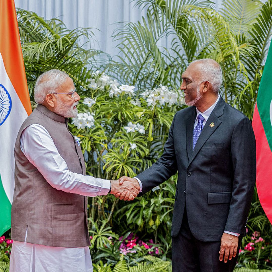 Indian Prime Minister Narendra Modi (left) shakes hands with Maldivian President Mohamed Muizzu upon meeting in Male on July 25, 2025. Indian Prime Minister Narendra Modi (left) shakes hands with Maldivian President Mohamed Muizzu upon meeting in Male on July 25, 2025.