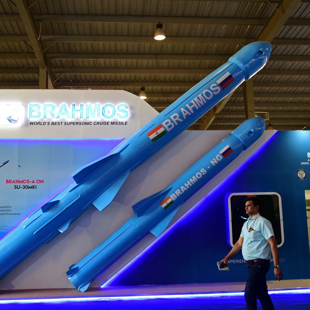 Visitors walk past a model of India's BrahMos supersonic cruise missile at the Defense Expo 2022 in India's Gandhinagar state on Oct. 18, 2022. Visitors walk past a model of India's BrahMos supersonic cruise missile at the Defense Expo 2022 in India's Gandhinagar state on Oct. 18, 2022.