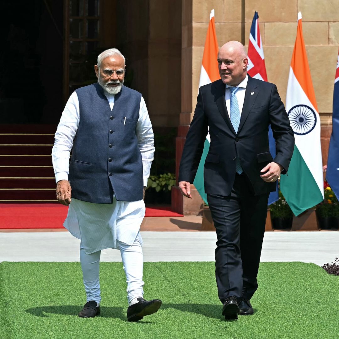 India's Prime Minister Narendra Modi (L) walks with New Zealand's Prime Minister Christopher Luxon (R) before their meeting at the Hyderabad House in New Delhi, India, on March 17, 2025. 