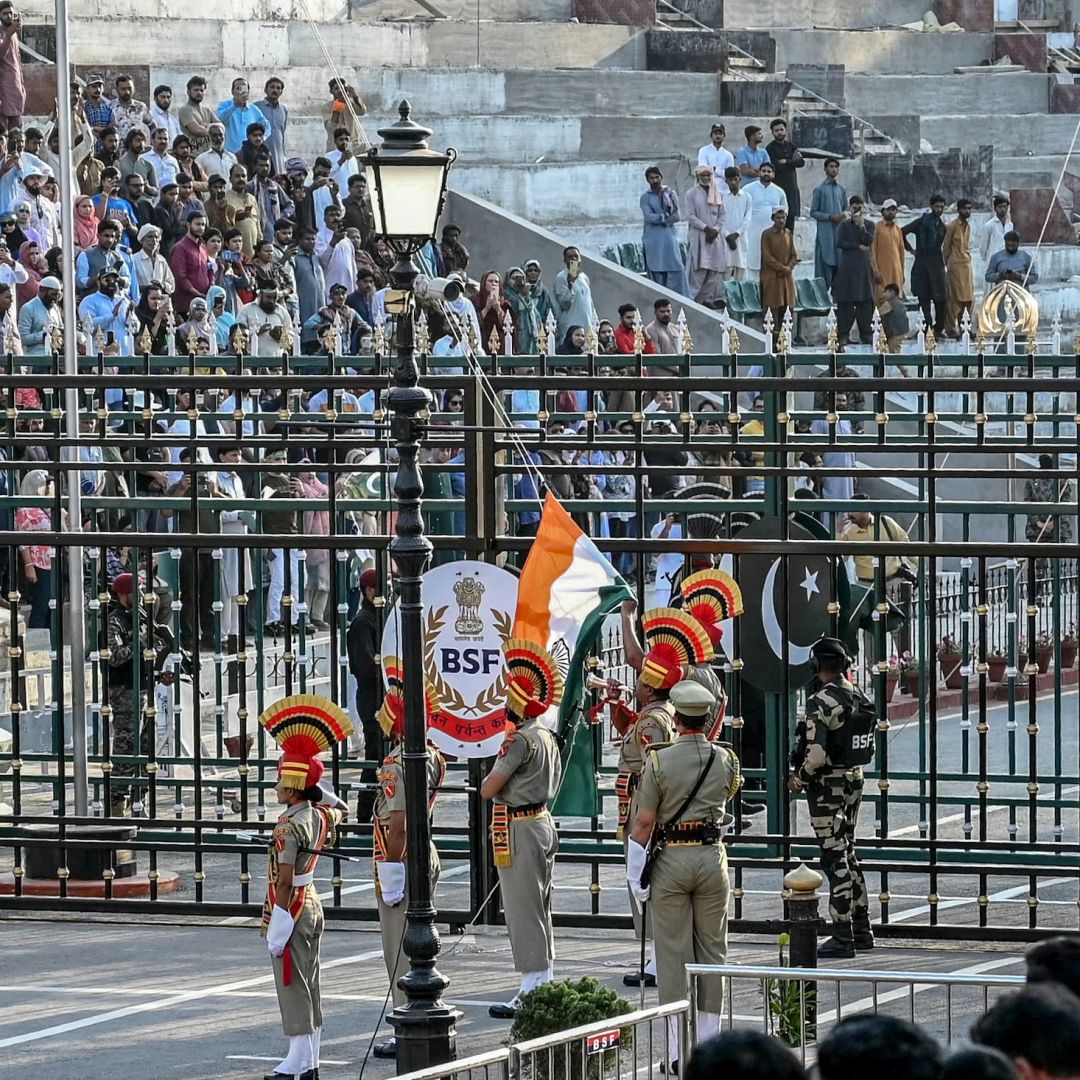 Indian and Pakistani border forces at the Wagah border post separating their countries April 25 near Amritsar, India. Indian and Pakistani border forces at the Wagah border post separating their countries April 25 near Amritsar, India.