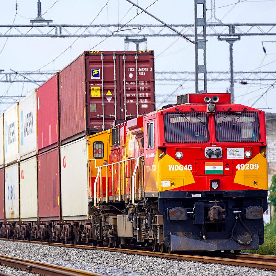 A freight train carrying cargo containers rides along a railway track in Ajmer, India, on Aug. 26, 2025. A freight train carrying cargo containers rides along a railway track in Ajmer, India, on Aug. 26, 2025.