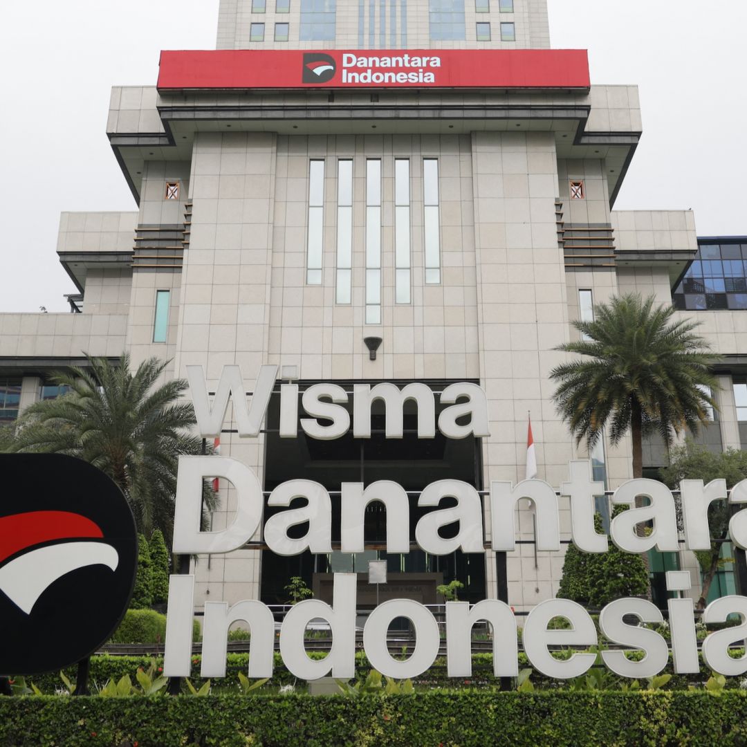 The logo of Danantara Indonesia, the country's second sovereign wealth fund, is seen at its headquarters in Jakarta on March 31, 2026. 