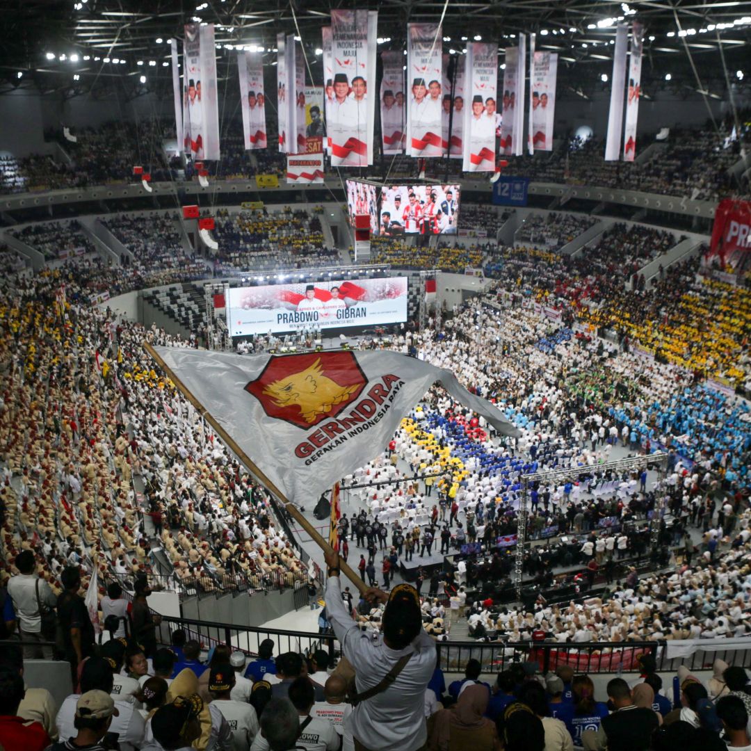 Supporters of presidential candidate Prabowo Subianto and vice presidential candidate Gibran Rakabuming Raka attend an event in Jakarta, Indonesia, on Oct. 25, 2023. 