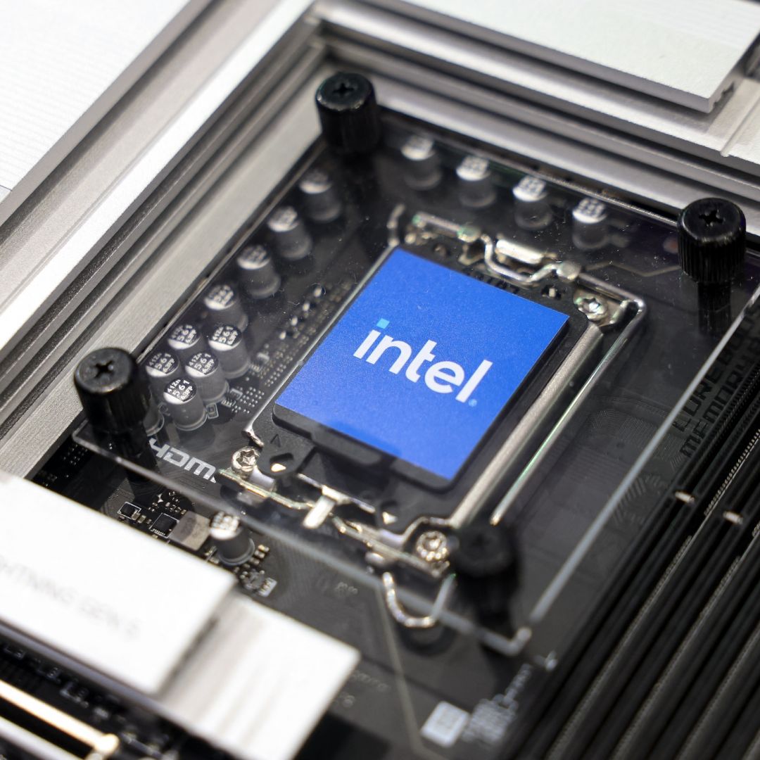 The sample of an Intel chip is displayed during Computex 2024 in Taipei on June 4, 2024. 