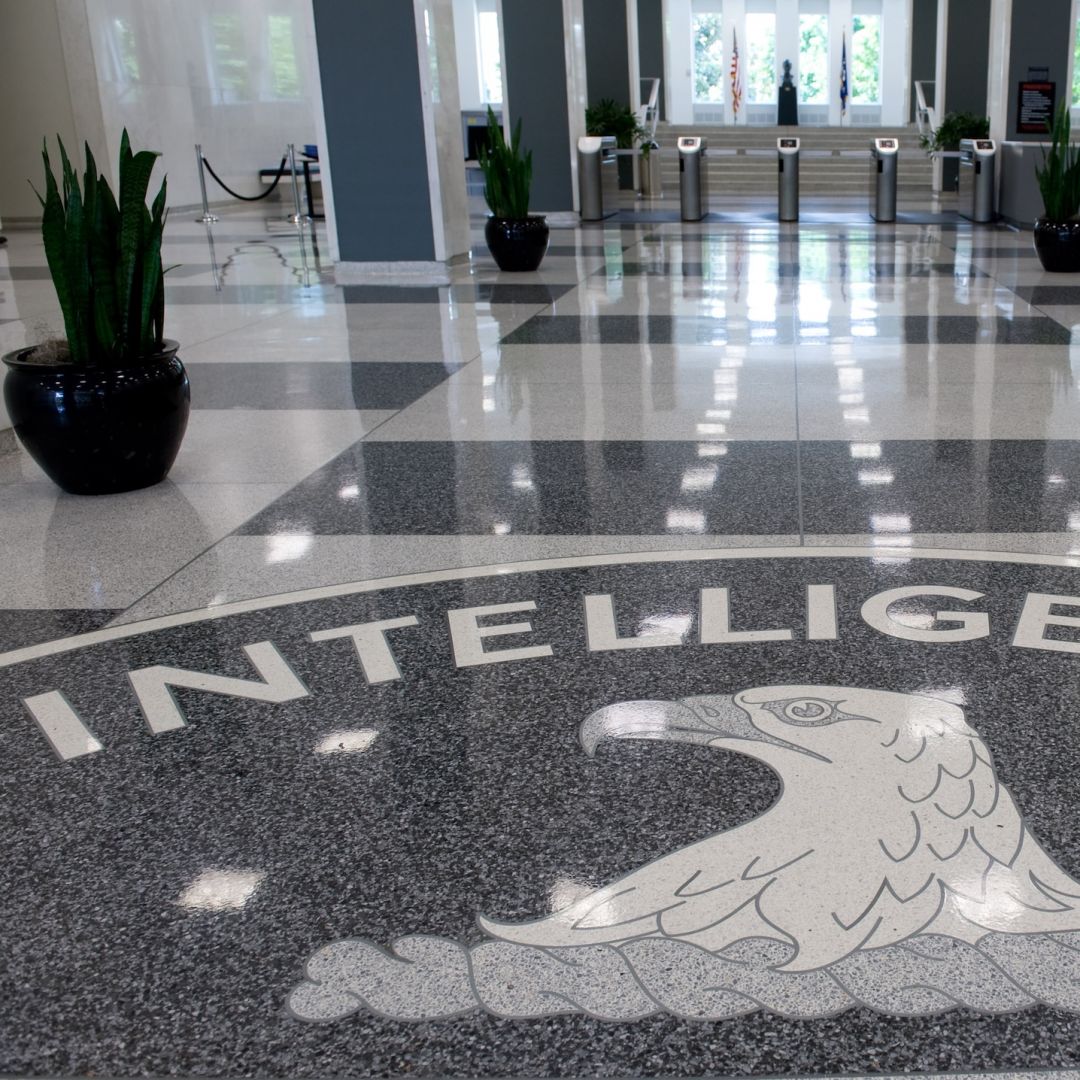 The U.S. Central Intelligence Agency (CIA) logo is displayed in the lobby of the CIA headquarters in Langley, Virginia.