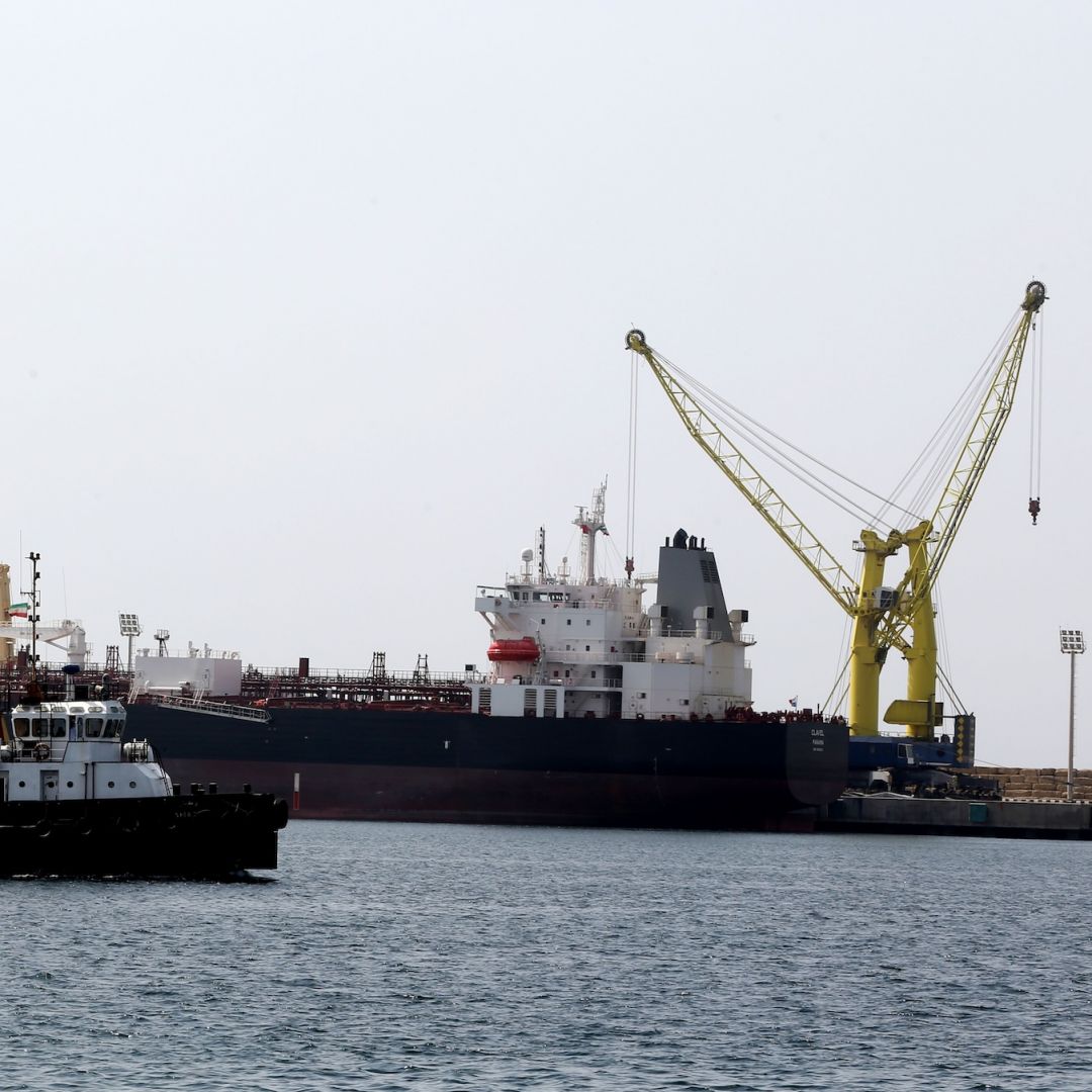 An oil tanker is seen docked in the southeastern Iranian coastal city of Chabahar, on the Gulf of Oman, in February 2019.