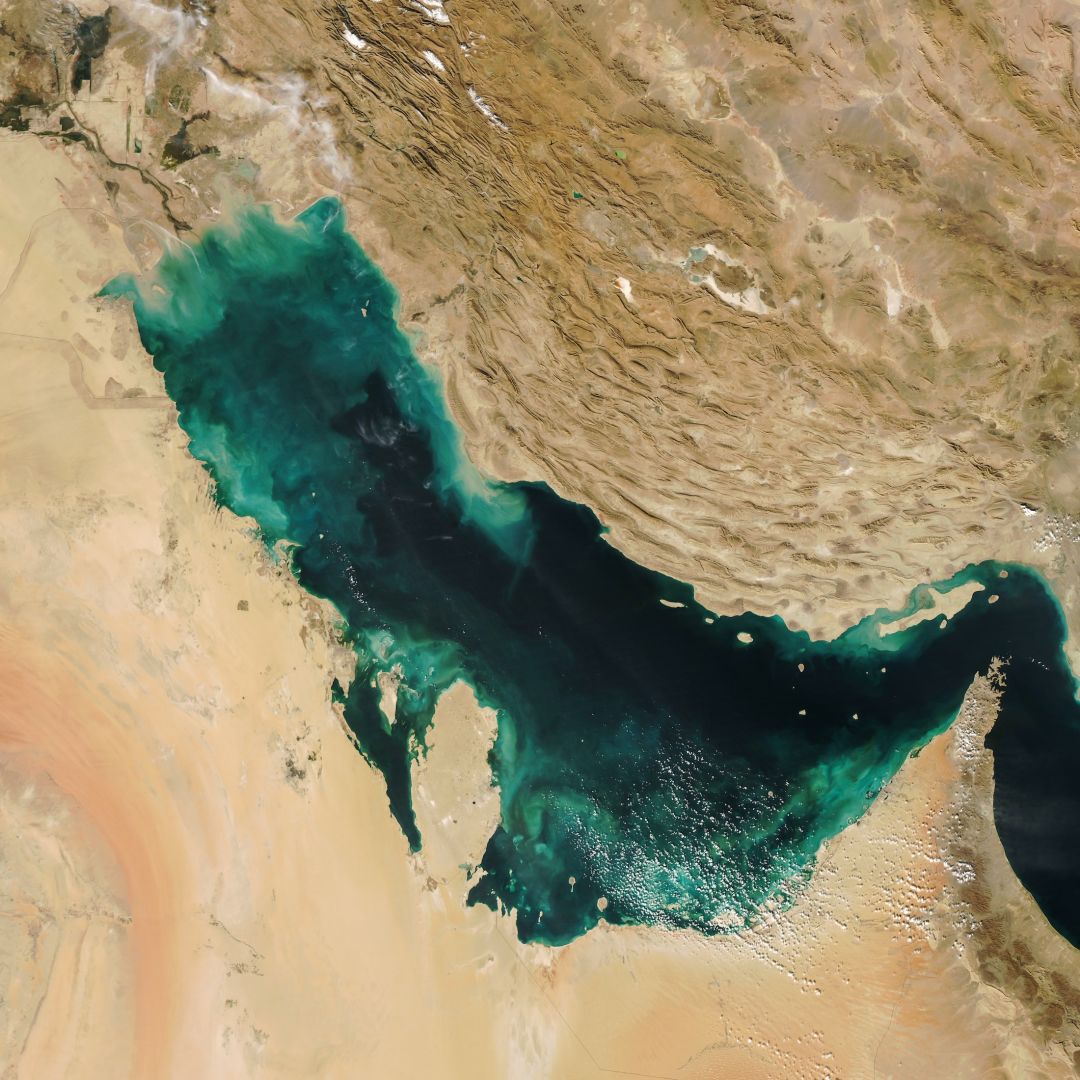 A satellite view of the Persian Gulf, with the Strait of Hormuz chokepoint seen on the right. A satellite view of the Persian Gulf, with the Strait of Hormuz chokepoint seen on the right.