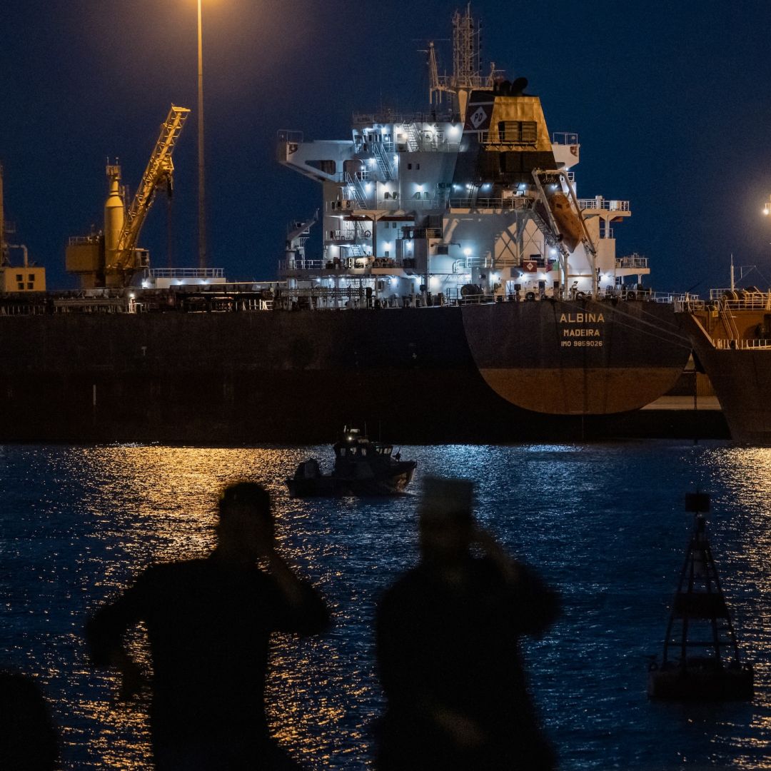 The Albina Bulk carrier sits anchored on March 22, 2026, at Sultan Qaboos Port in Muscat, Oman.