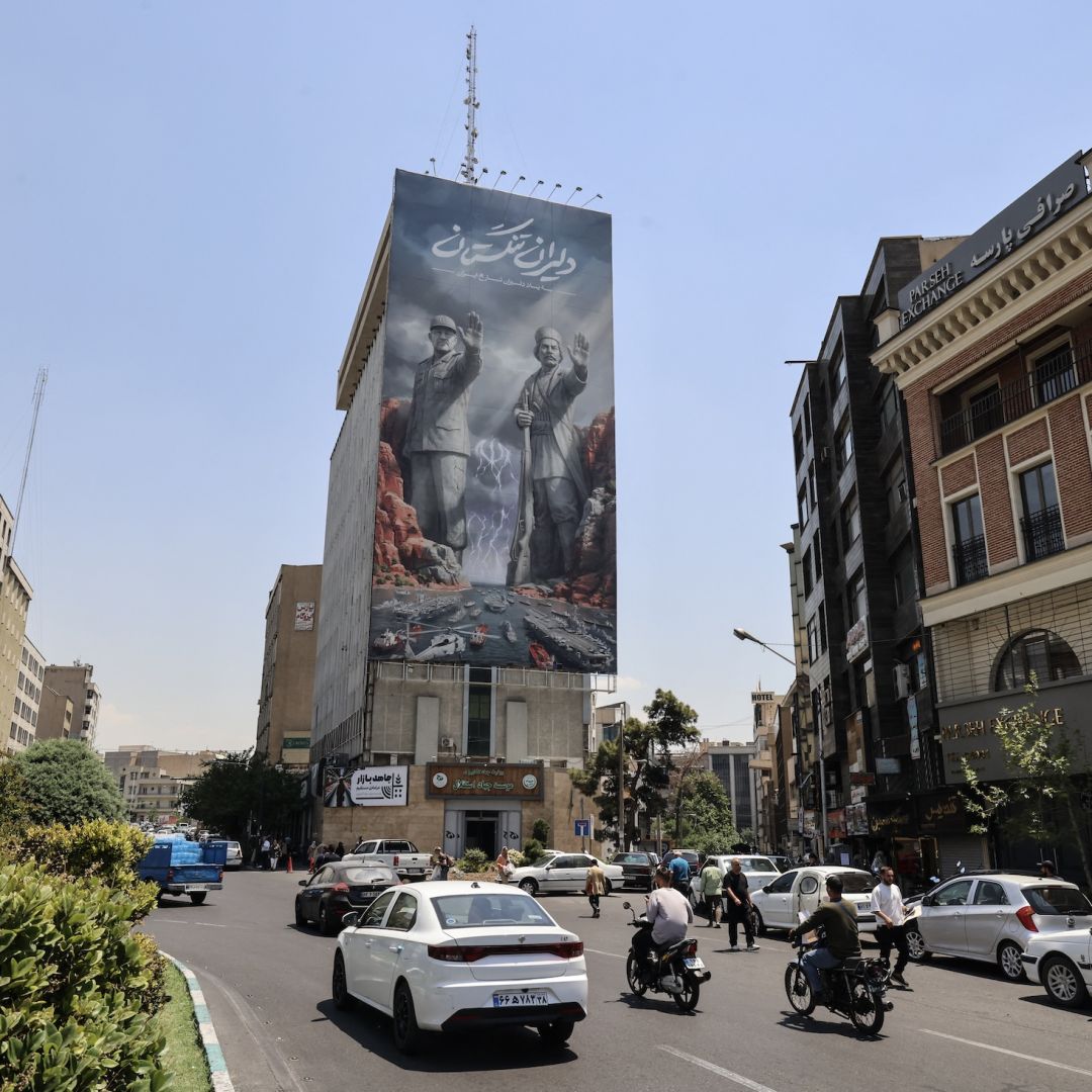 A banner depicting the closure of the Strait of Hormuz on June 3 in Tehran.