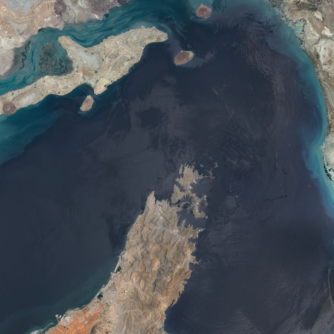 Maps4media-processed Sentinel-2 satellite imagery shows a broad overview of the Strait of Hormuz on June 16, 2026.