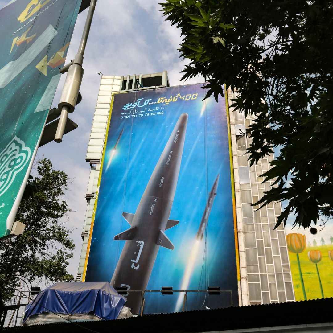 A giant billboard bearing a picture of Iran's "Fattah" hypersonic missile covers the side of a building in Tehran on July 7, 2023.