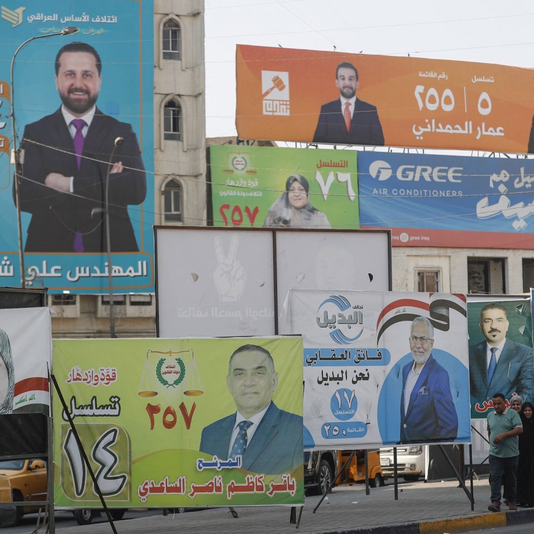 Campaign posters Nov. 6 ahead of Nov. 11 Iraqi parliamentary elections in central Baghdad. Campaign posters Nov. 6 ahead of Nov. 11 Iraqi parliamentary elections in central Baghdad.