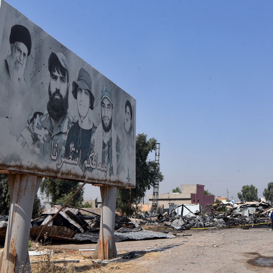 Damaged structures are seen at the site of a U.S.-Saudi strike against Iran-backed militias in Bartalla, northern Iraq, on July 29, 2026. 