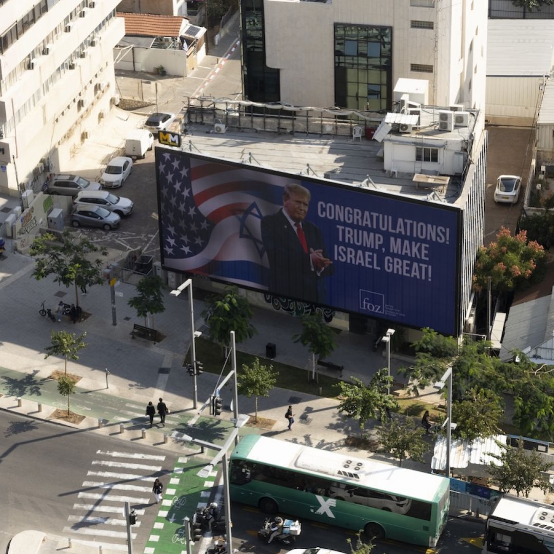 A billboard congratulating Donald Trump on his win in the U.S. presidential election is seen in Tel Aviv, Israel, on Nov. 7, 2024.