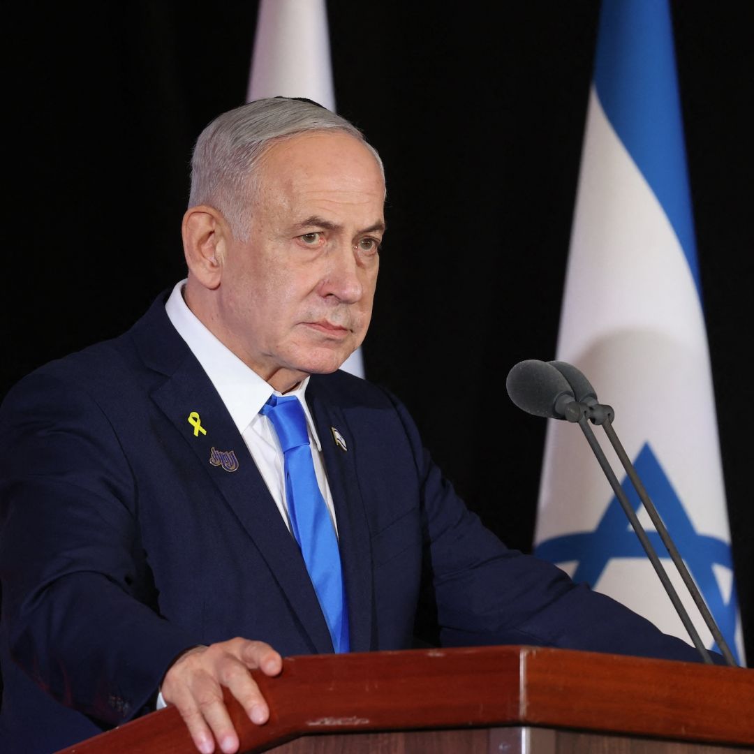 Israeli Prime Minister Benjamin Netanyahu participates in a state memorial ceremony for the fallen soldiers of the two-year Gaza war at the Mount Herzl military cemetery in Jerusalem on Oct. 16, 2025.