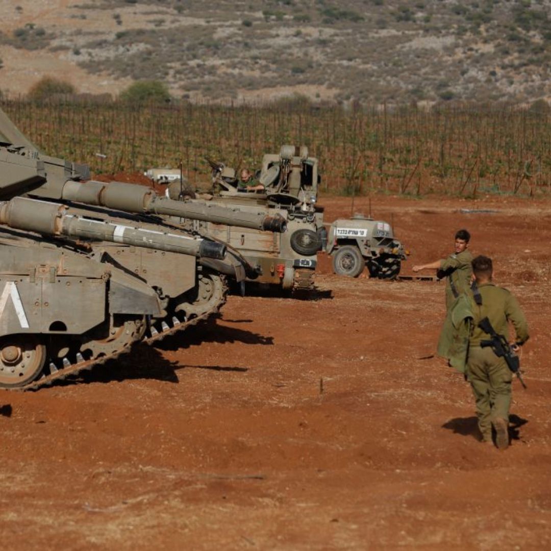 Israeli tanks on the border with Lebanon on Oct. 26, 2023, in Israel amid the ongoing battles between Israel and Hamas in the Gaza Strip. Israeli tanks on the border with Lebanon on Oct. 26, 2023, in Israel amid the ongoing battles between Israel and Hamas in the Gaza Strip.