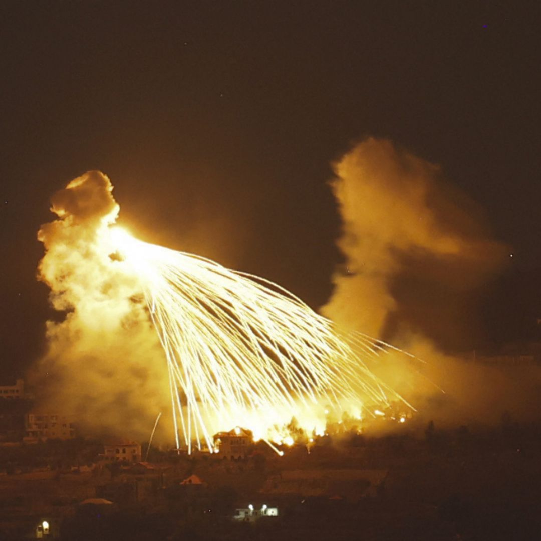 A picture taken on Sept. 30, 2024, shows a fire over an area of southern Lebanon following an Israeli bombardment. 