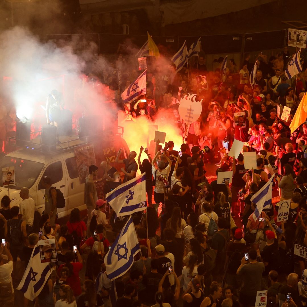 Demonstrators calling for action to secure the release of Israeli hostages held captive since the Oct. 7, 2023, attacks by Palestinian militants Sept. 3 in front of the Israeli Defense Ministry in Tel Aviv, Israel.