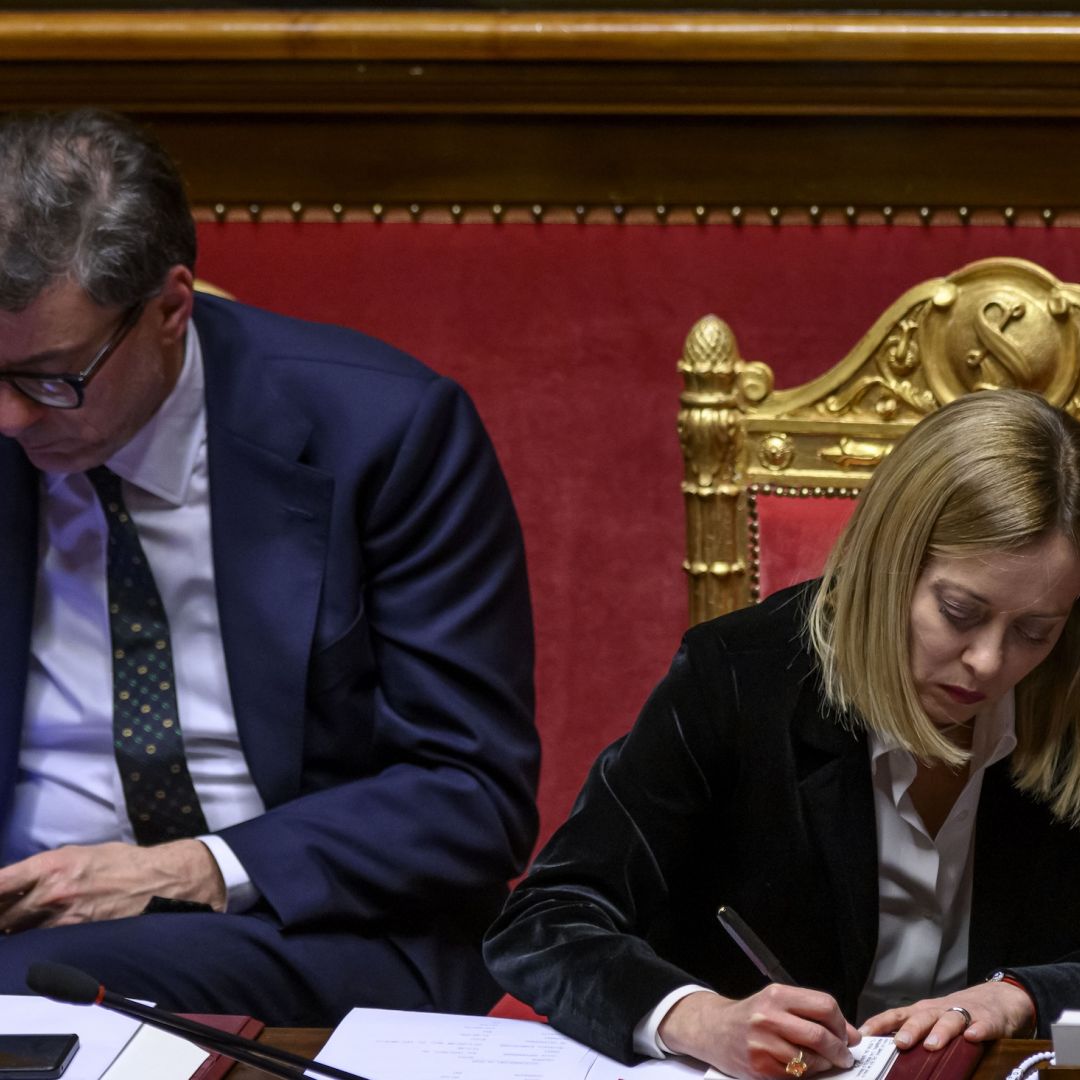 Italian Minister of Economy and Finance Giancarlo Giorgetti and Italian Prime Minister Giorgia Meloni on March 18 in the Italian Senate in Rome. Smaller fiscal deficits are unlikely to cut government debt in the medium term given Italy's modest economic growth outlook and significant social and defense spending pressures. Italian Minister of Economy and Finance Giancarlo Giorgetti and Italian Prime Minister Giorgia Meloni on March 18 in the Italian Senate in Rome.