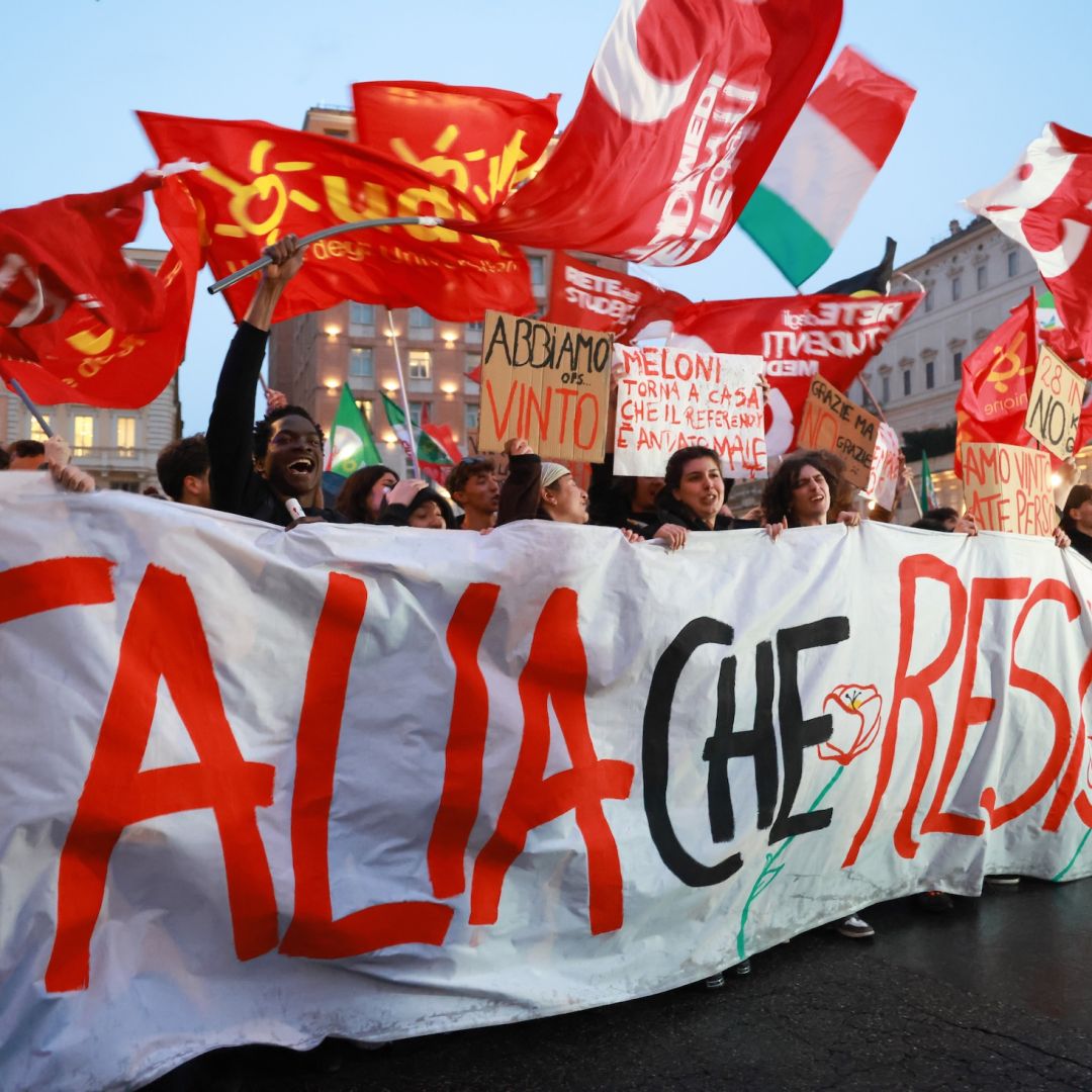 Opposition supporters celebrate the defeat of a referendum on justice reform March 23 in Rome.