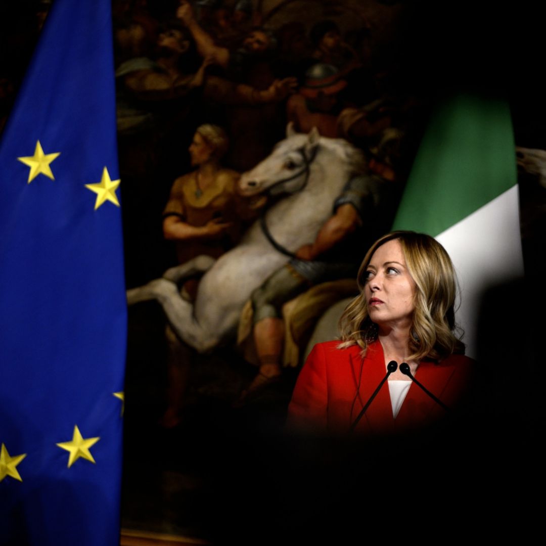Italian Prime Minister Giorgia Meloni speaks during a meeting at Palazzo Chigi in Rome, Italy, on May 13, 2024. 