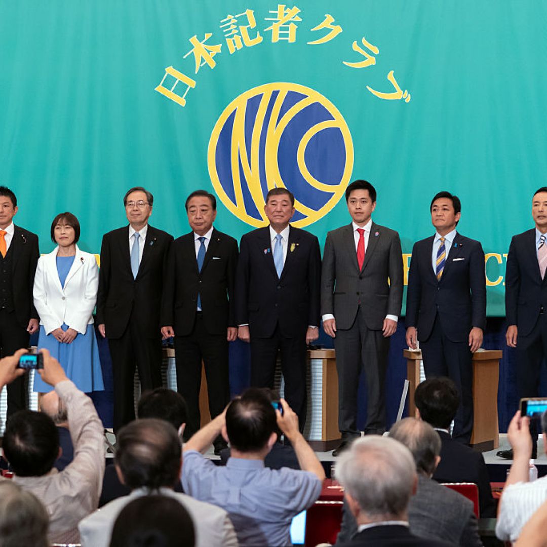 Leaders of eight political parties pose before a debate at the Japan National Press Club on July 2, 2025, in Tokyo, Japan. From left to right are Sanseito Secretary General Sohei Kamiya, Japanese Communist Party Chairperson Tomoko Tamura, Komeito Chief Representative Tetsuo Saito, Constitutional Democratic Party President Yoshihiko Noda, Japan's Prime Minister and Liberal Democratic Party President Shigeru Ishiba, Governor of Osaka and Japan Innovation Party Co-Representative Hirofumi Yoshimura, Democratic Party for the People Representative Yuichiro Tamaki and Reiwa Shinsengumi President Taro Yamamoto. Leaders of eight political parties pose before a debate at the Japan National Press Club on July 2, 2025, in Tokyo, Japan. From left to right are Sanseito Secretary General Sohei Kamiya, Japanese Communist Party Chairperson Tomoko Tamura, Komeito Chief Representative Tetsuo Saito, Constitutional Democratic Party President Yoshihiko Noda, Japan's Prime Minister and Liberal Democratic Party President Shigeru Ishiba, Governor of Osaka and Japan Innovation Party Co-Representative Hirofumi Yoshimura, Democratic