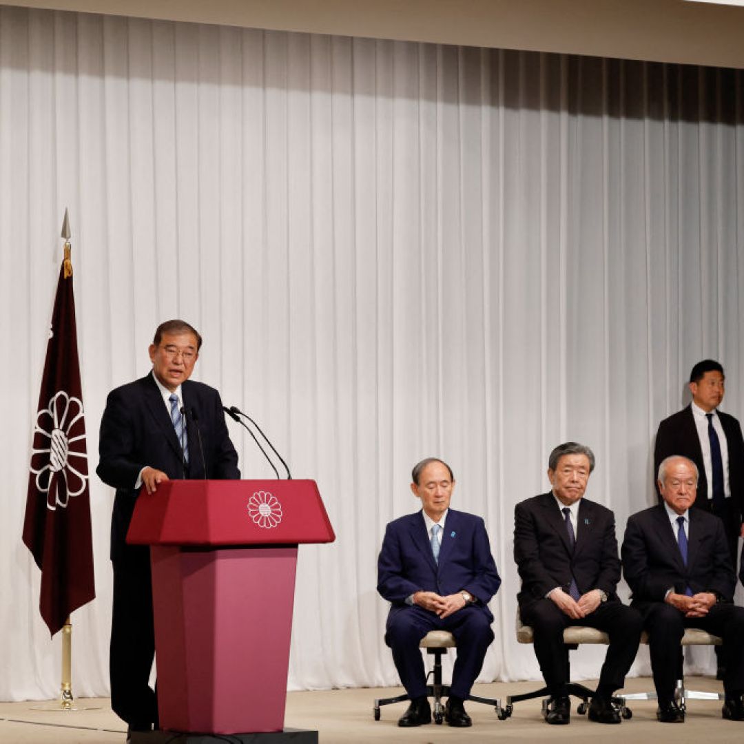 Japanese Prime Minister Shigeru Ishiba (left) speaks next to leaders of his ruling Liberal Democratic Party (LDP) during a press conference at the LDP's headquarters in Tokyo on Oct. 28, 2024. Japanese Prime Minister Shigeru Ishiba (left) speaks next to leaders of his ruling Liberal Democratic Party (LDP) during a press conference at the LDP's headquarters in Tokyo on Oct. 28, 2024.