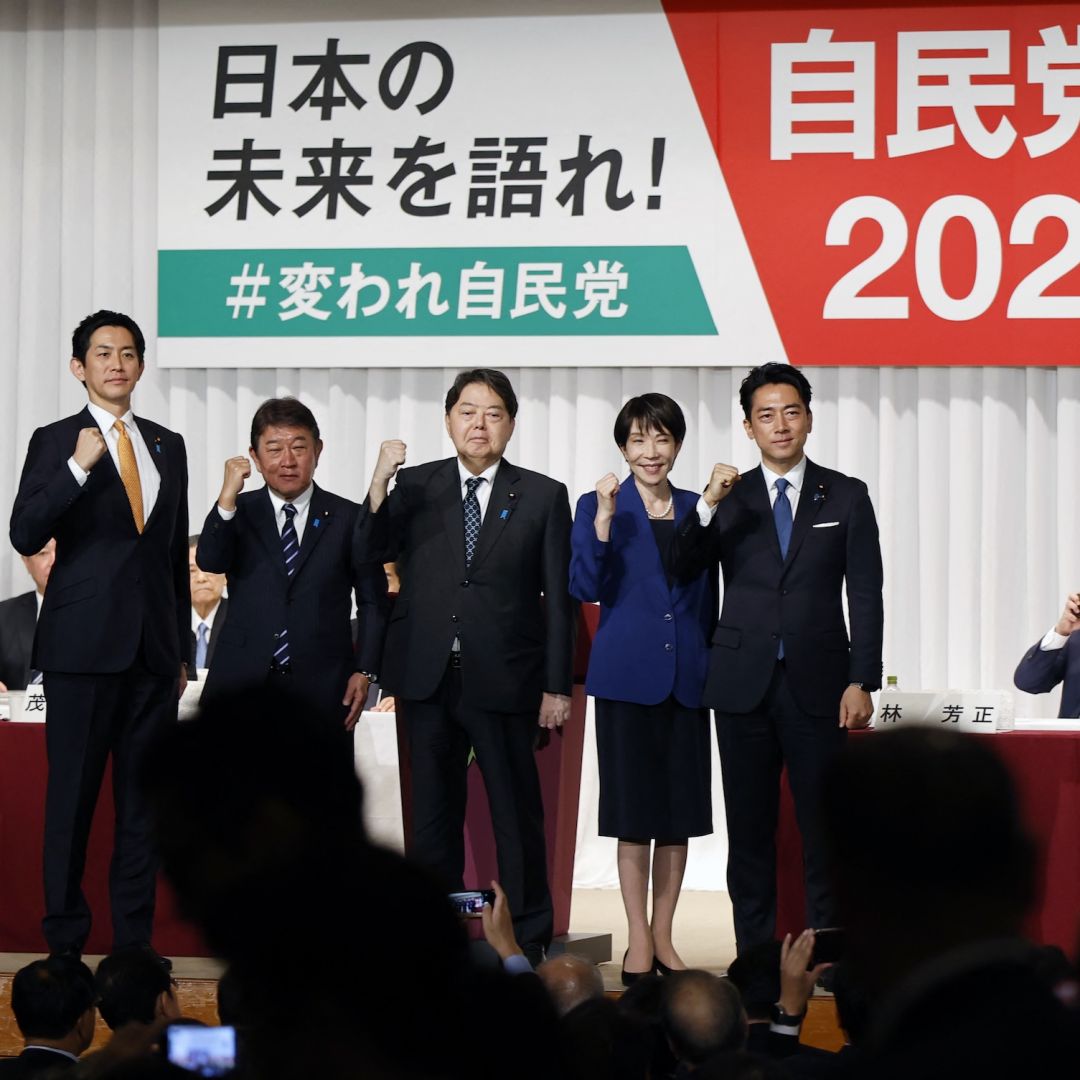 The candidates running in the leadership election of Japan's ruling Liberal Democratic Party -- (from left to right) Takayuki Kobayashi, Toshimitsu Motegi, Yoshimasa Hayashi, Sanae Takaichi and Shinjiro Koizumi -- pose after delivering speeches at the kick-off of the campaign in Tokyo on Sept. 22, 2025. 
