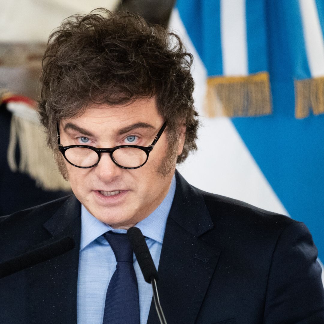 President of Argentina Javier Milei speaks during a joint declaration with Prime Minister of Italy Giorgia Meloni (not in frame) on Nov. 20, 2024, in Buenos Aires, Argentina. 