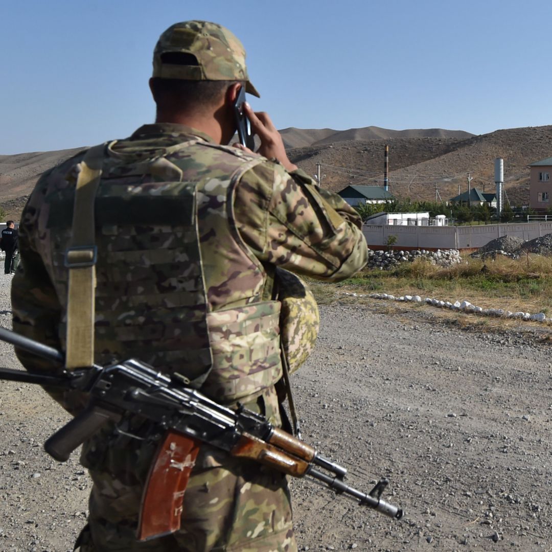 A Kyrgyz serviceman at the Kyrgyz-Tajik border Sept. 20, 2022, in Min-Bulak, Kyrgyzstan.