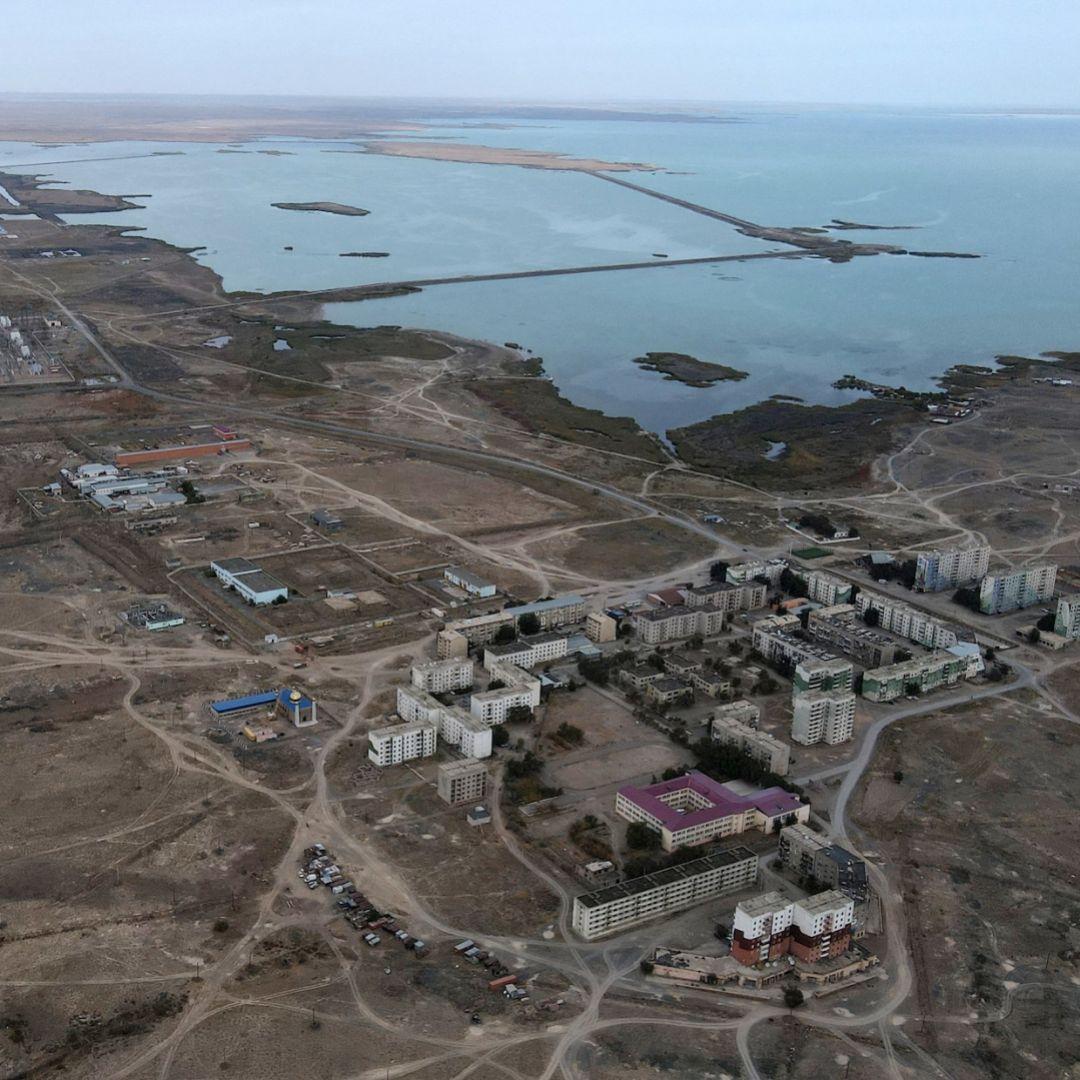 An aerial view shows the Kazakh village of Ulken (foreground), where the country's first nuclear power plant is set to be built, on Sept. 22, 2024.