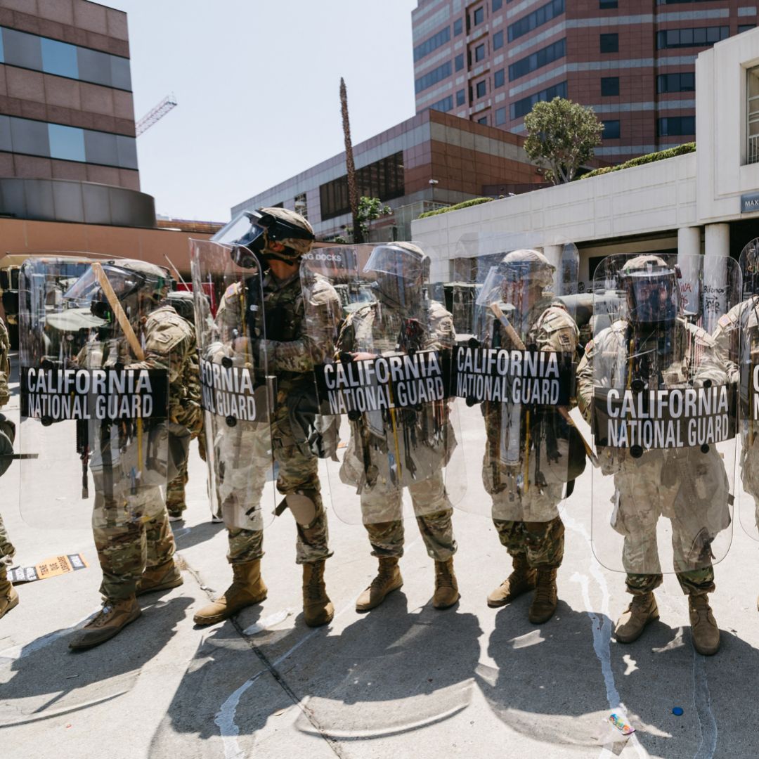 National Guard troops stand in front of a government building during a protest in Los Angeles, California, on June 8, 2025. National Guard troops stand in front of a government building during a protest in Los Angeles, California, on June 8, 2025.
