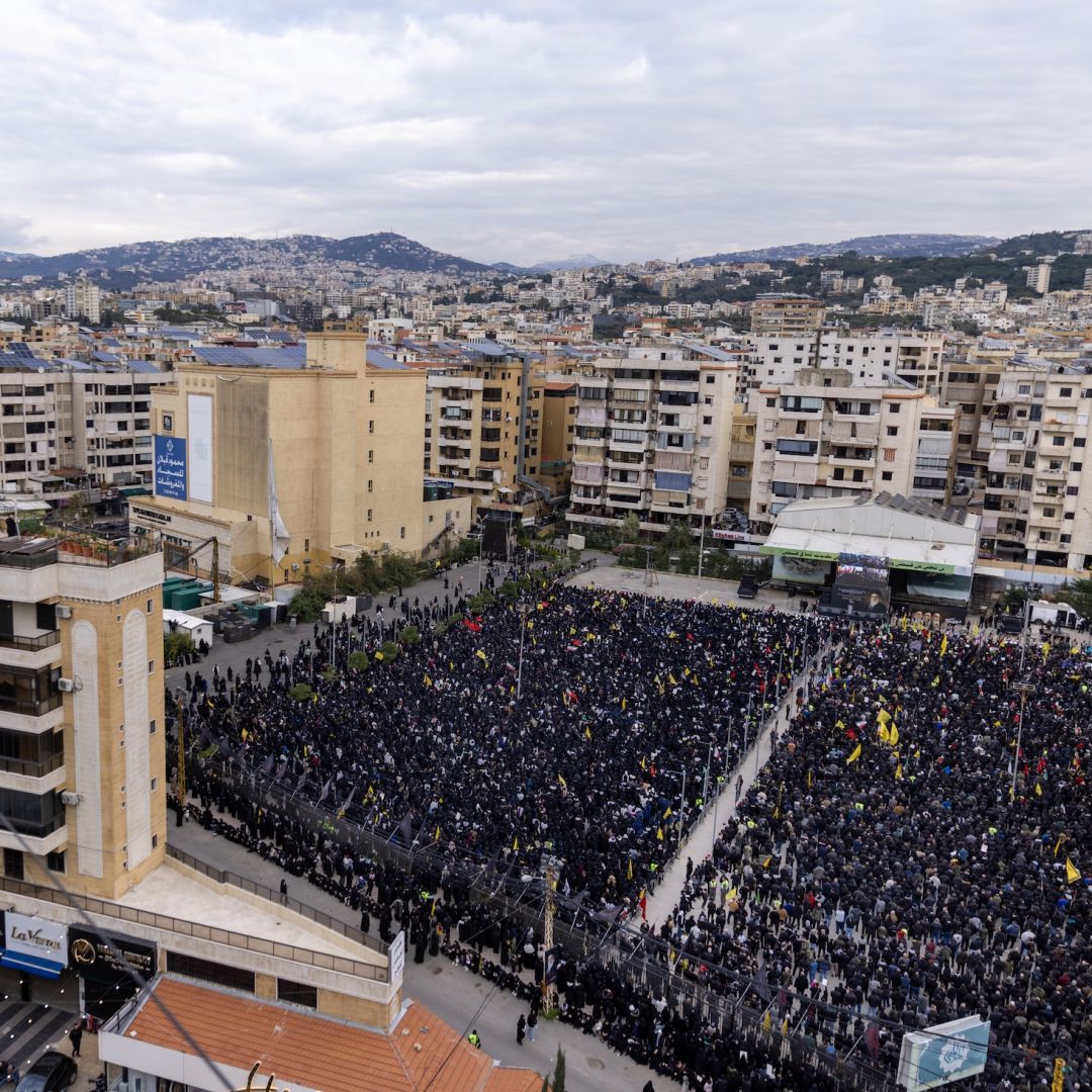 People attend a gathering honoring Iran's former Supreme Leader, Ayatollah Ali Khamenei, on March 1, 2026, at Ashura Square in southern Beirut, Lebanon. 