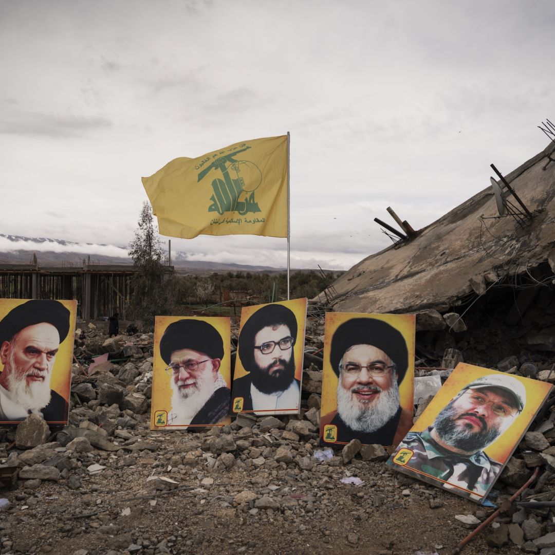 Photos of prominent Hezbollah leaders are seen at the site of a reported Israeli airstrike which killed 6 members of the same family, on March 19, 2026 in Baalbek, Lebanon. Photos of prominent Hezbollah leaders are seen at the site of a reported Israeli airstrike which killed 6 members of the same family, on March 19, 2026 in Baalbek, Lebanon.