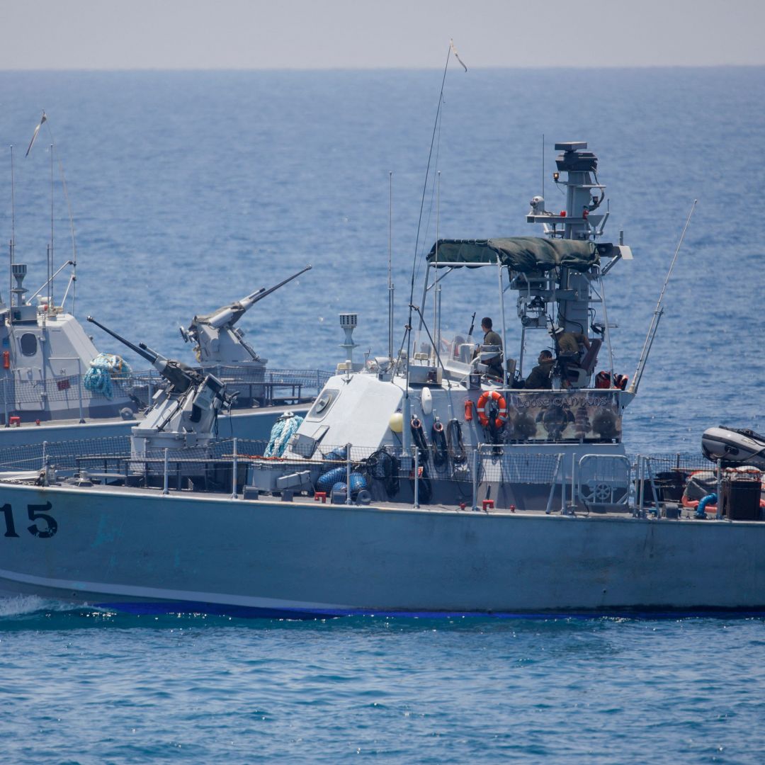 Israeli navy vessels are pictured off the coast of Rosh Hanikra, Israel, on June 6, 2022, near the border between Israel and Lebanon. Israeli navy vessels are pictured off the coast of Rosh Hanikra, Israel, on June 6, 2022, near the border between Israel and Lebanon.