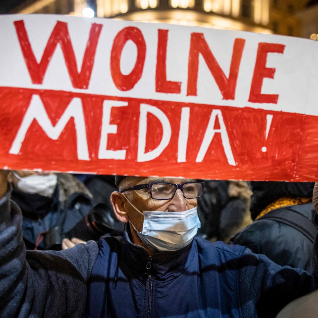 A demonstration against a Polish parliamentary vote seen as impinging on press freedoms Dec. 19, 2021, in Warsaw, Poland.
