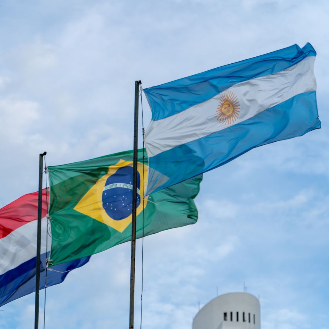 A photo shows the national flags of Mercosur countries waving in the wind. A photo shows the national flags of Mercosur countries waving in the wind.