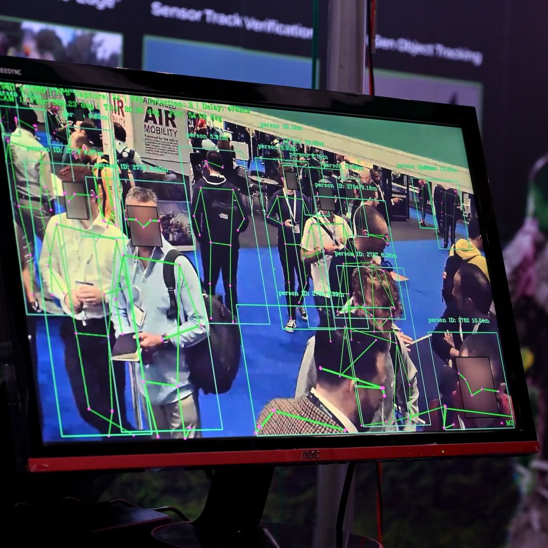 The Vizgard FortifAI software-based Artificial Intelligence (AI) engine for surveillance monitoring is displayed during the DroneX expo in London, the United Kingdom, on Sept. 26, 2023.