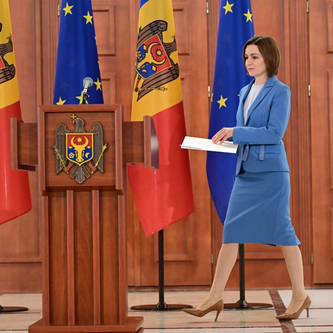 Moldovan President Maia Sandu arrives to hold a press conference in Chisinau on Sept. 29, 2025, after her pro-EU party secured a victory in parliamentary elections. 