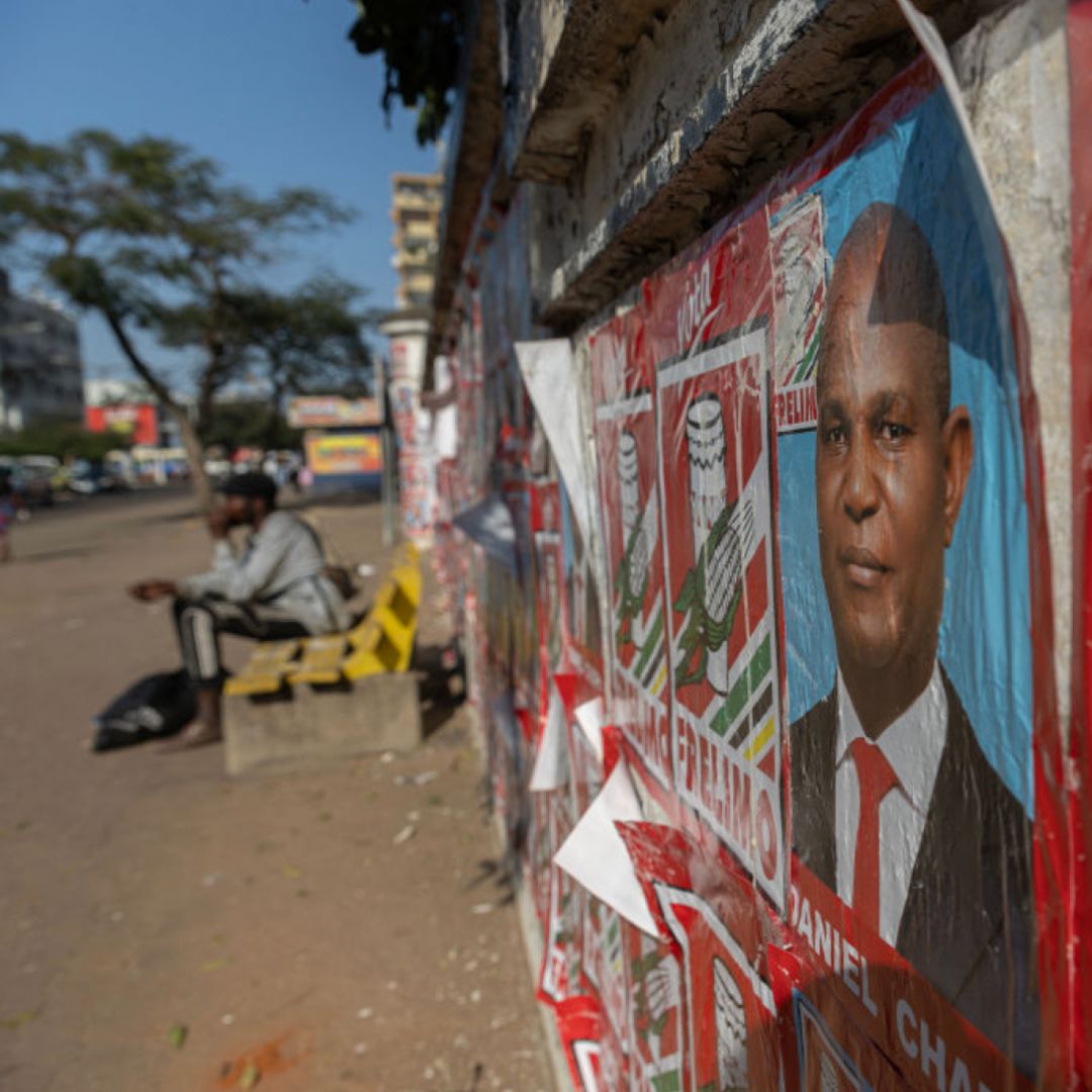 Frelimo electoral posters are plastered on a wall in Maputo, Mozambique, on Aug. 24, 2024, the first day of the presidential campaign season ahead of the general election on Oct. 9, 2024.