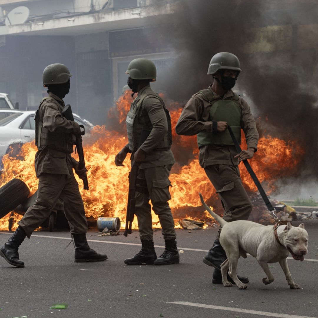 Anti-riot police officers with dogs walk past burning barricades made by protesters in Maputo, Mozambique, on Nov. 7, 2024. 