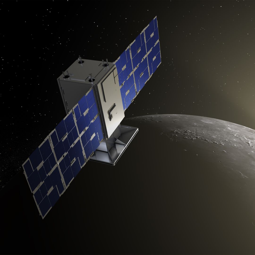 An artist's rendering of NASA Capstone, which will be the first spacecraft to test the so-called near-rectilinear halo orbit around the moon.