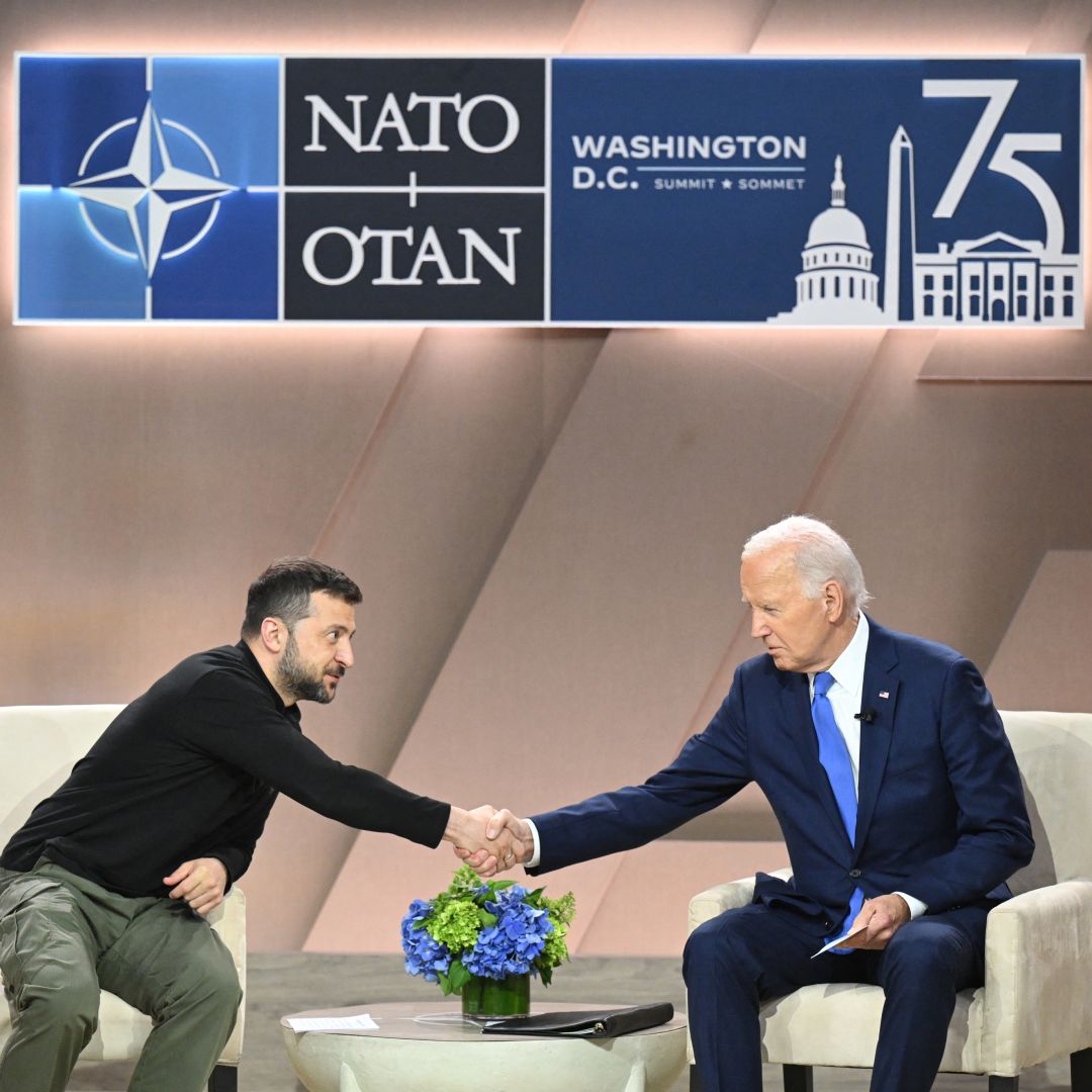 U.S. President Joe Biden meets with Ukrainian President Volodymyr Zelensky on the sidelines of the NATO summit in Washington D.C. on July 11, 2024.
