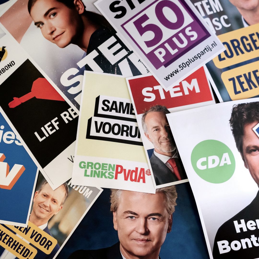 A photograph taken on Oct. 10, 2025, shows Dutch election posters ahead of the Netherlands' Oct. 29 elections. 